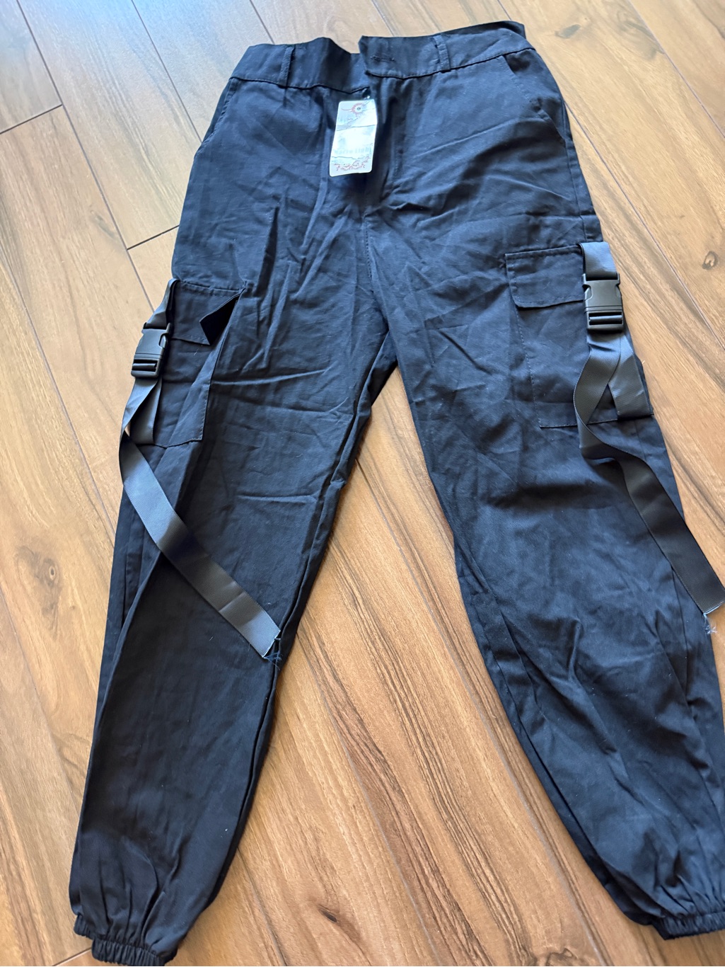 Men's Black Cargo Jogger Pants With Buckle Straps